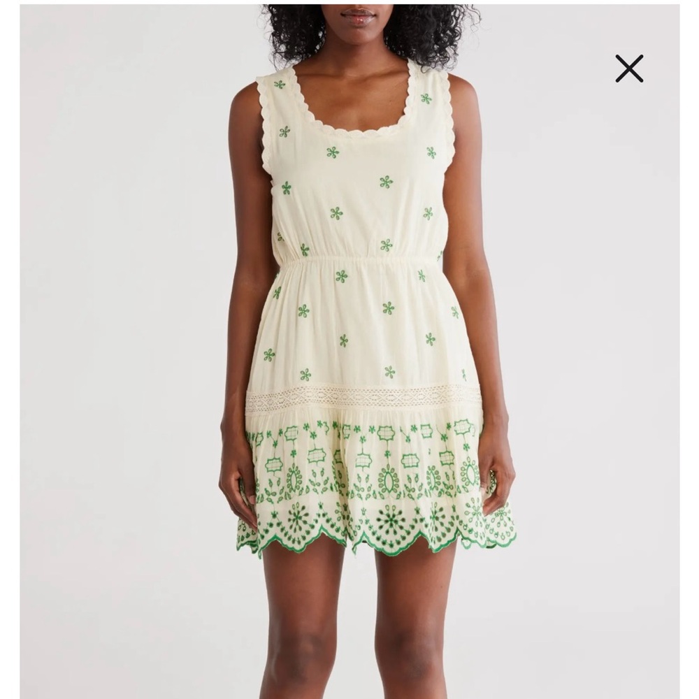 Floral Embroidered Cream and Green Mini Dress